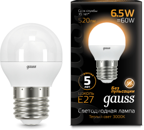 Лампа Gauss LED Globe E27 6.5W 100-240V 2700K Лампа Gauss LED Globe E27 6.5W 100-240V 2700K