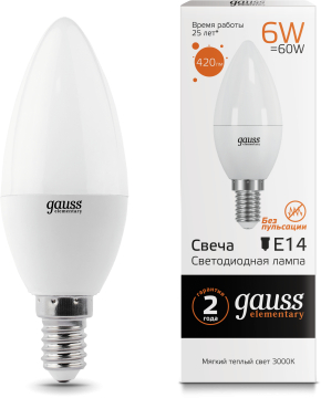 Лампа Gauss Elementary LED свеча 6W E14 2700K Лампа Gauss Elementary LED свеча 6W E14 2700K