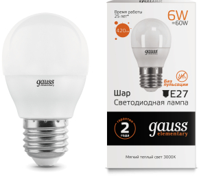 Лампа Gauss LED Elementary шар 6W E27 2700K Лампа Gauss LED Elementary шар 6W E27 2700K
